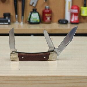 Vintage 1998 Buck 703 Brown Wood Handle Folding 3 Blade Pocket Knife Made in USA